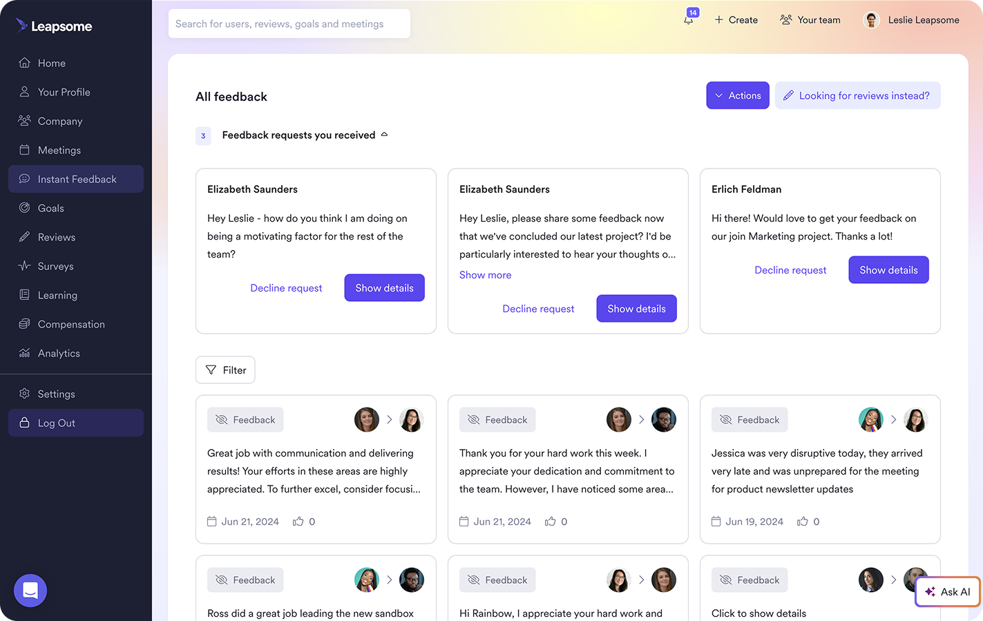 Screenshot of Leapsome’s Instant Feedback dashboard showing feedback requests and submitted feedback cards.