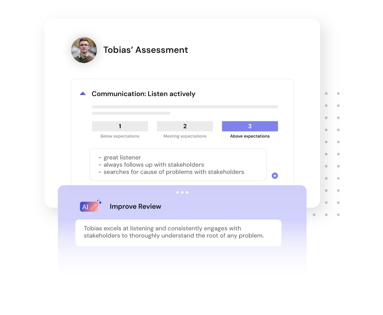 A screenshot of Leapsome's AI feature showing a peer review assessment with a suggested improvement, highlighting how AI rewrites vague feedback into clear, actionable comments.
