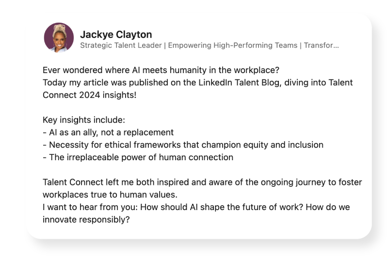Screenshot of a post by Jackye Clayton promoting her article on where AI meets humanity in the workplace.