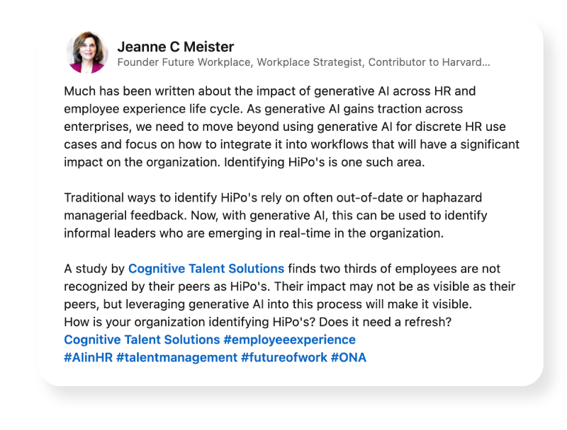 Screenshot of a post by Jeanne Meister on LinkedIn about the impact of generative AI across HR.