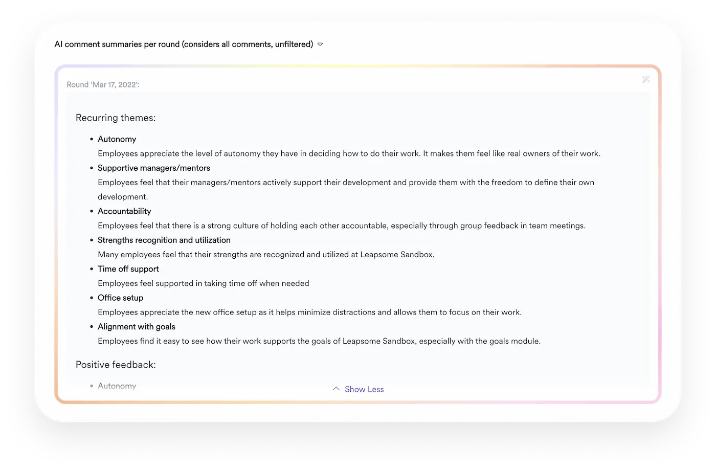 Example of an AI comment summary per round  highlighting recurring themes and positive feedback.