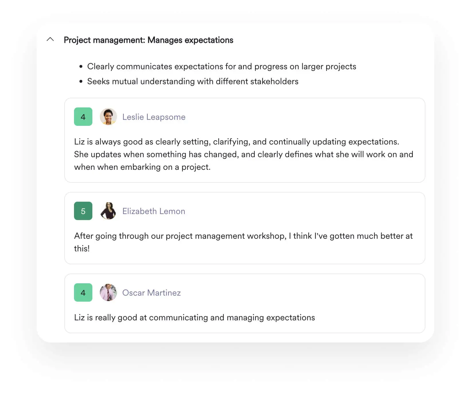 A screenshot of a Leapsome Reviews interface showing a thread of messages sharing praise and feedback for a colleague.