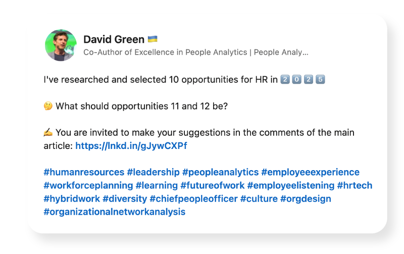 Screenshot of a post by David Green on LinkedIn, outlining 10 opportunities for HR in 2025.