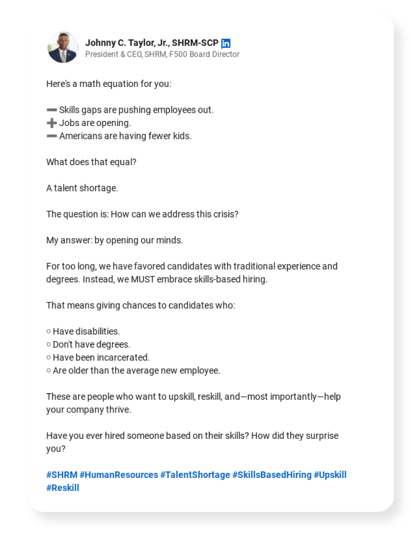 Screenshot of a LinkedIn post by Johnny C. Taylor Jr. about addressing the talent shortage.