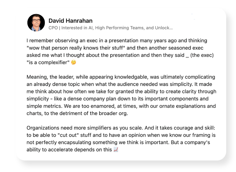 Screenshot of a LinkedIn post by David Hanrahan about the need for simple company communications.