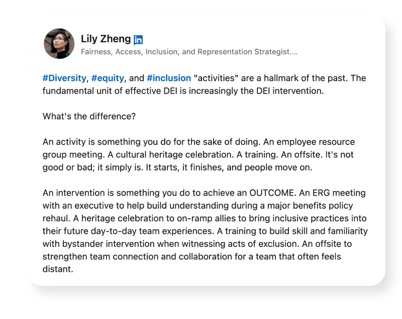 Screenshot of a LinkedIn post by Lily Zheng discussing the difference between DEI activities and DEI interventions.