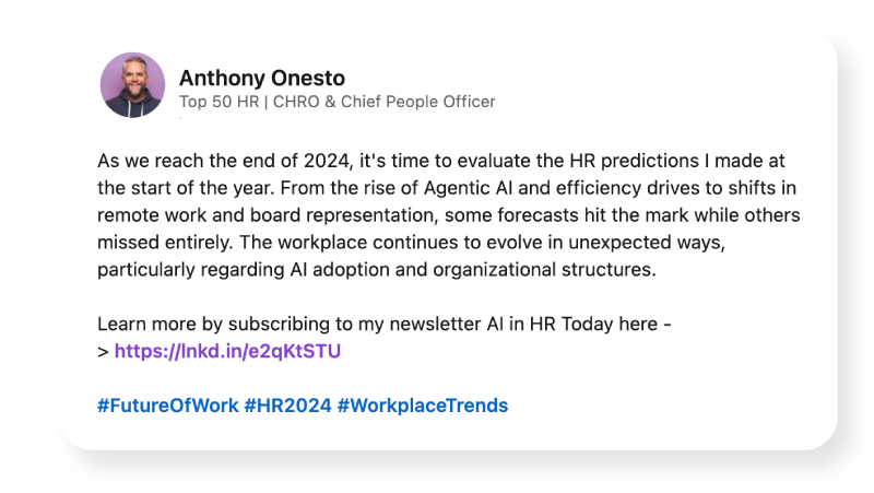 Screenshot of a LinkedIn post about 2024 HR predictions by Anthony Onesto.