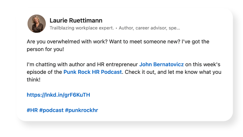 Screenshot of a LinkedIn post by Laurie Ruettimann promoting a podcast episode with HR entrepreneur John Bernatovicz.