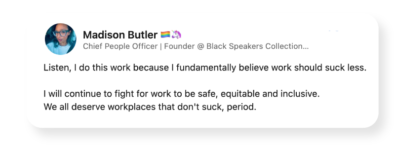 Screenshot of a LinkedIn post by Madison Butler talking about booking a Black History Month speaker.