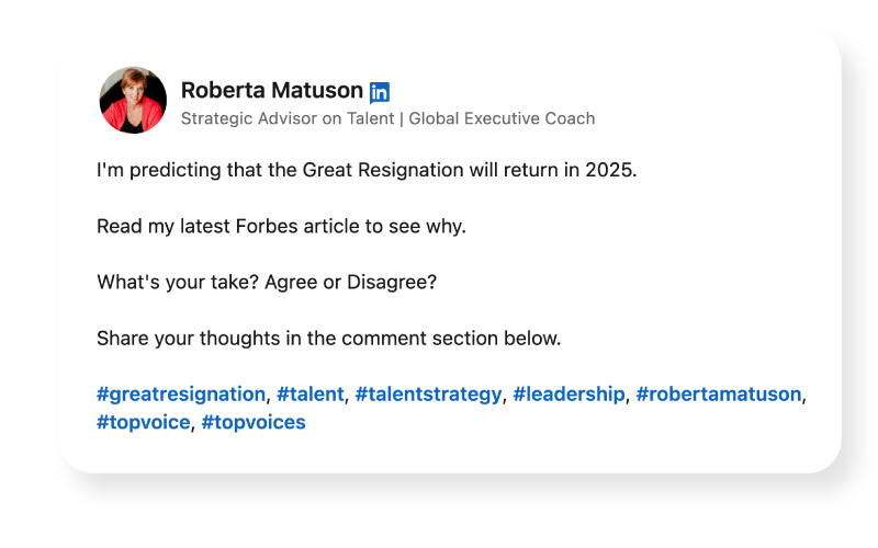Screenshot of a LinkedIn post by Roberta Matuson about the return of the Great Resignation in 2025.