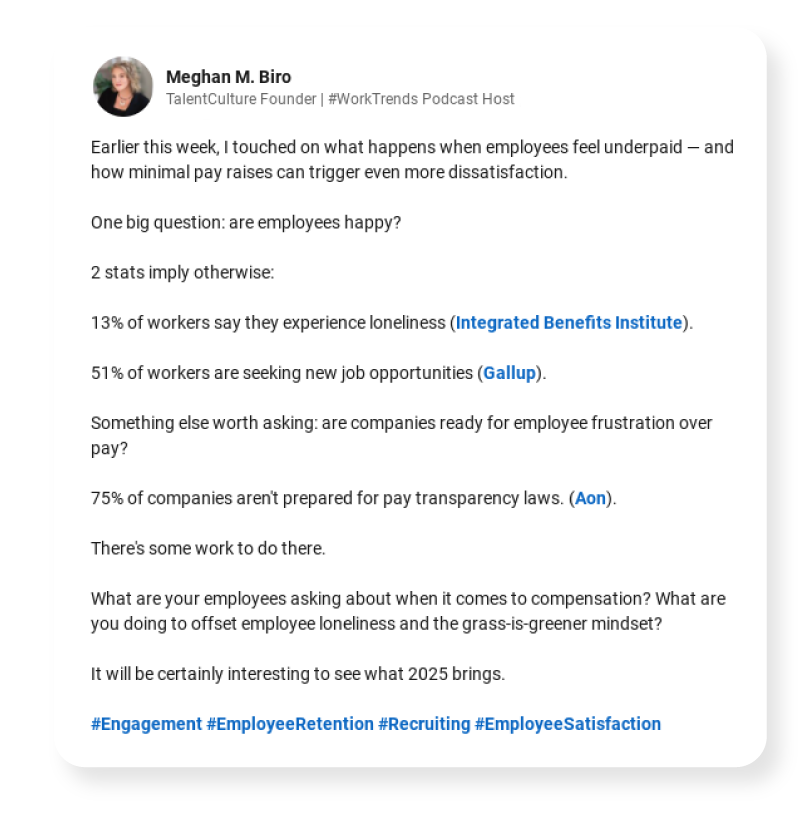 Screenshot of a LinkedIn post by Meghan M. Biro about what happens when employees feel underpaid.