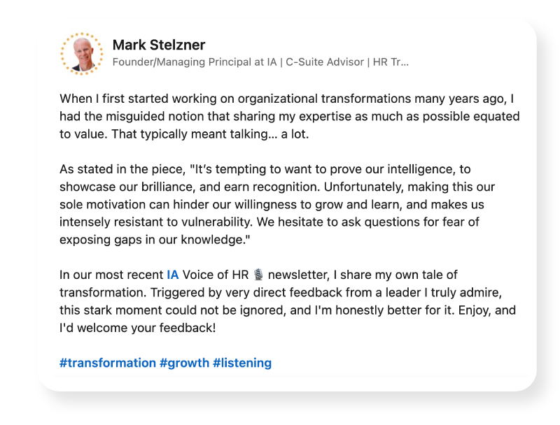 Screenshot of a LinkedIn post by Mark Stelzner about organizational transformations.