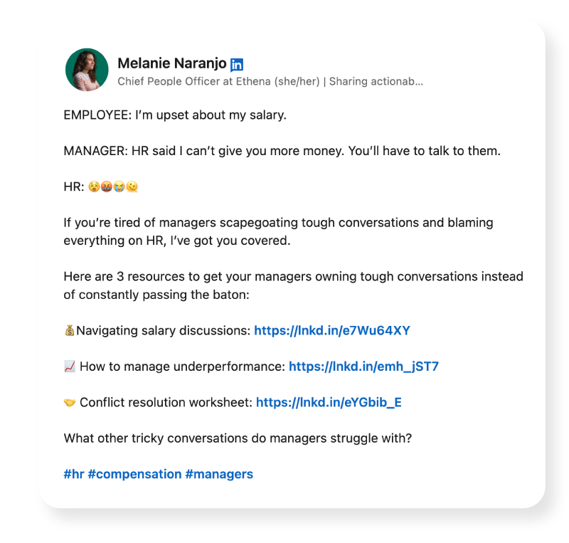 Screenshot of a LinkedIn post by Melanie Naranjo about how to get managers to stop scapegoating HR.