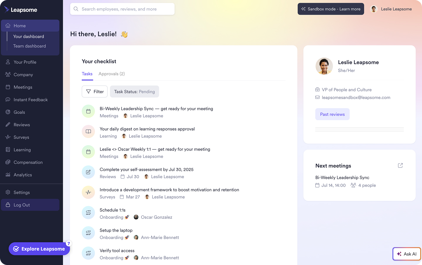 A screenshot of the personal dashboard in Leapsome’s HRIS