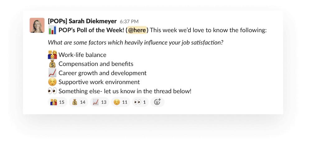screenshot from POPs Sarah Diekmeyer posting a survey on slack with emoji reactions to vote