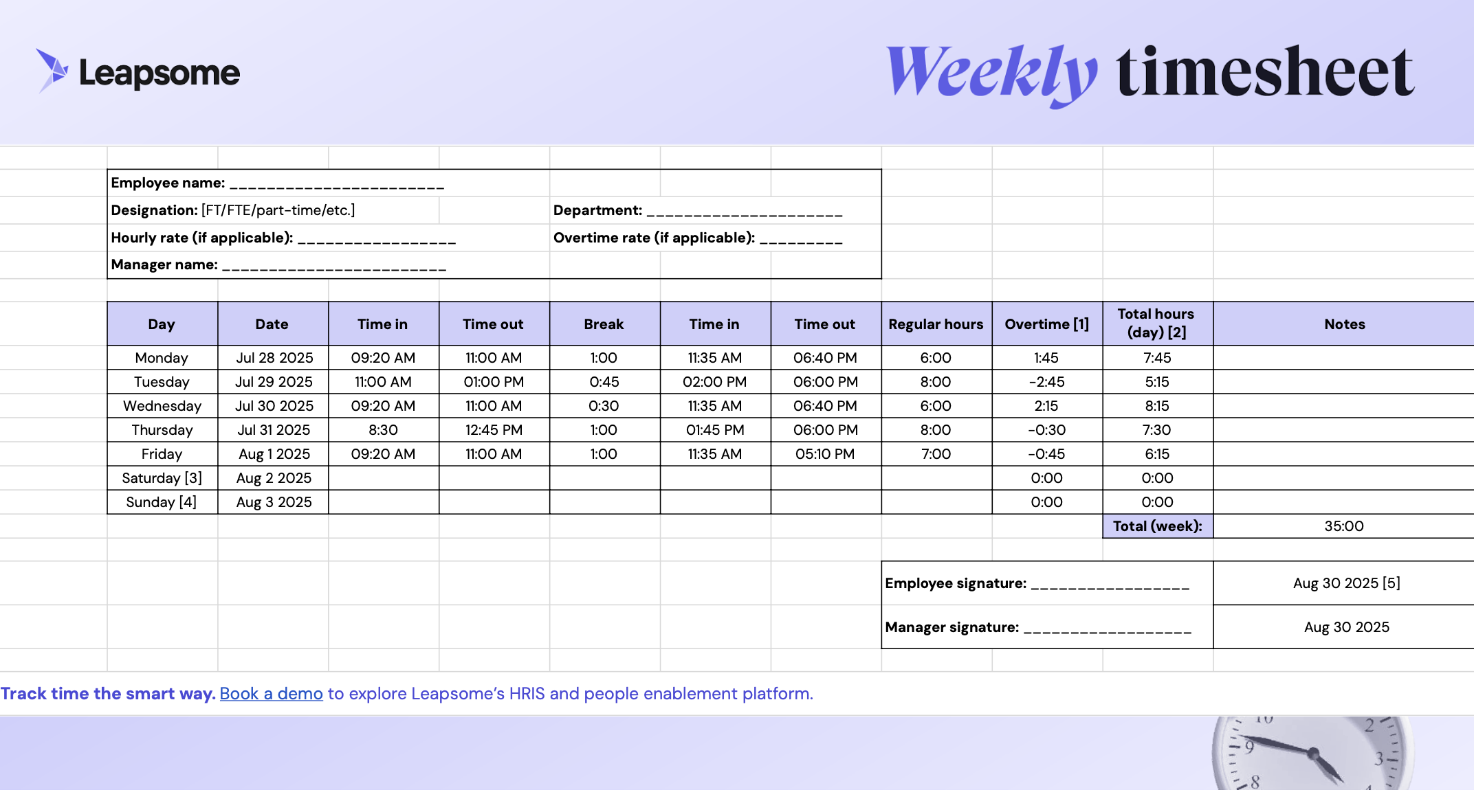 Screenshot of Leapsome’s weekly timesheet template showing employee work hours, overtime calculations, total weekly hours, and signature fields for employee and manager approval.