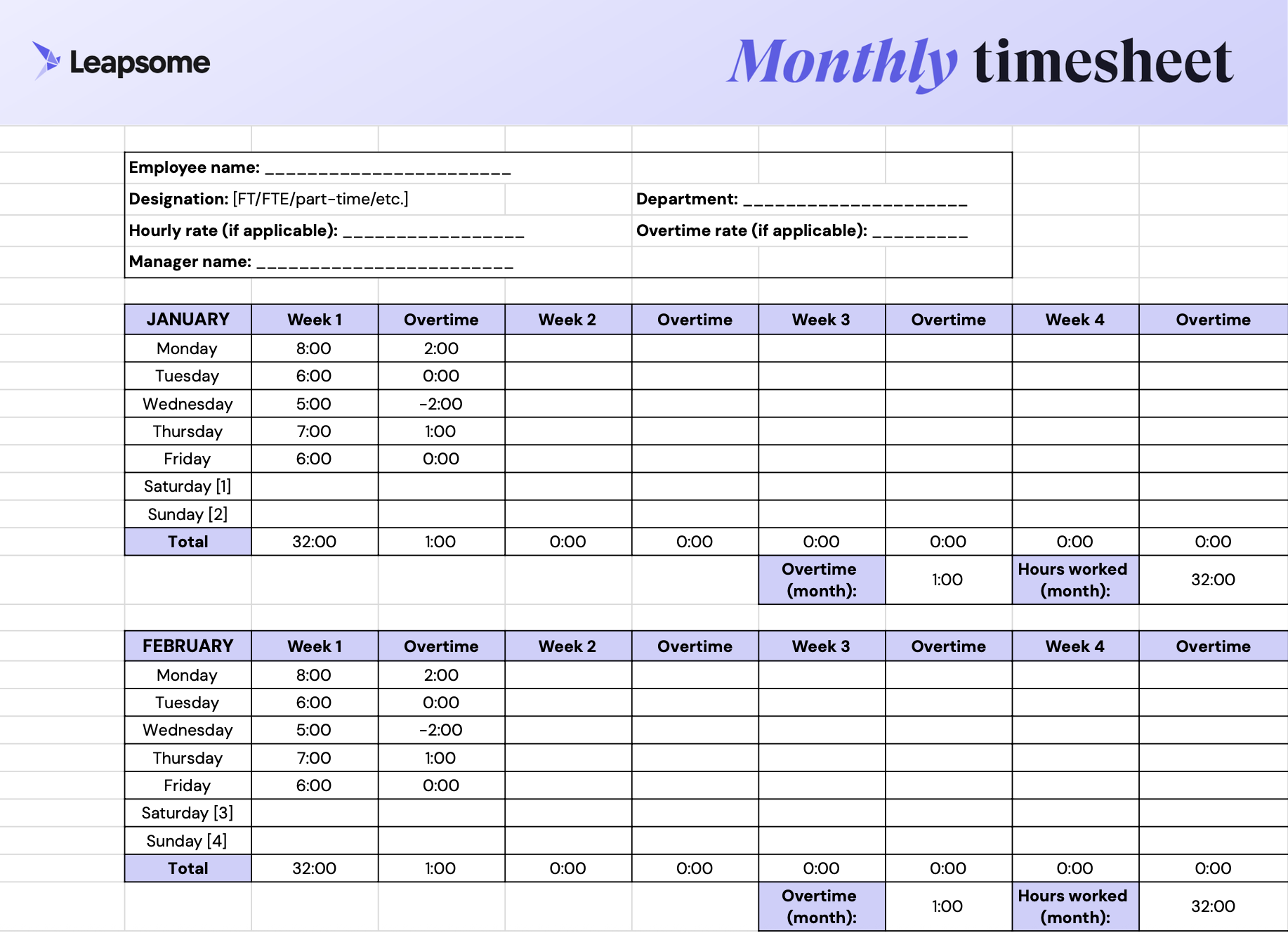 Screenshot of Leapsome’s monthly timesheet template showing weekly sections for recording employee work hours and overtime across January and February, with total monthly hours and overtime summaries.