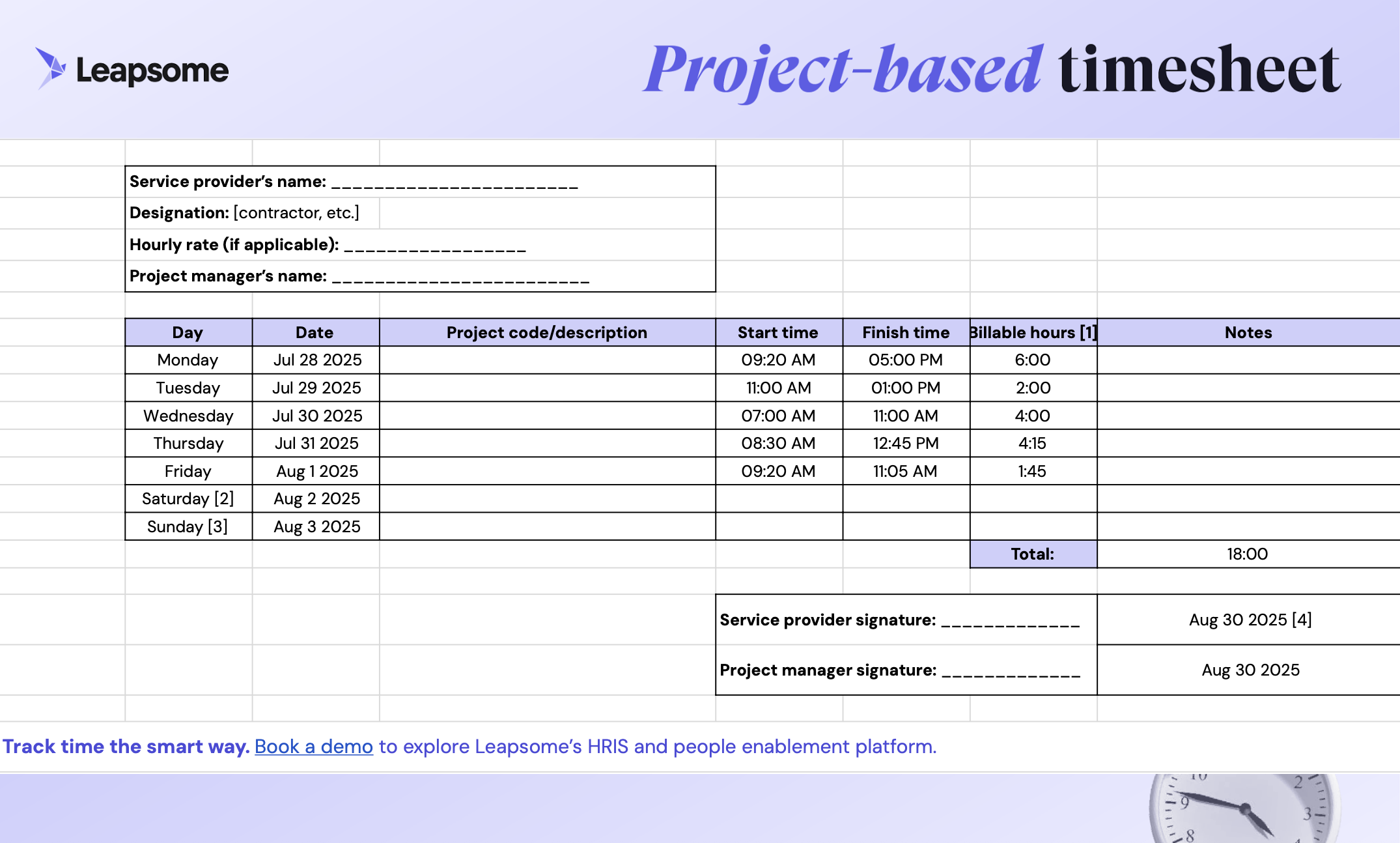 Screenshot of Leapsome’s project-based timesheet template showing fields for service provider details, project descriptions, start and finish times, billable hours, and signature lines for both service provider and project manager.