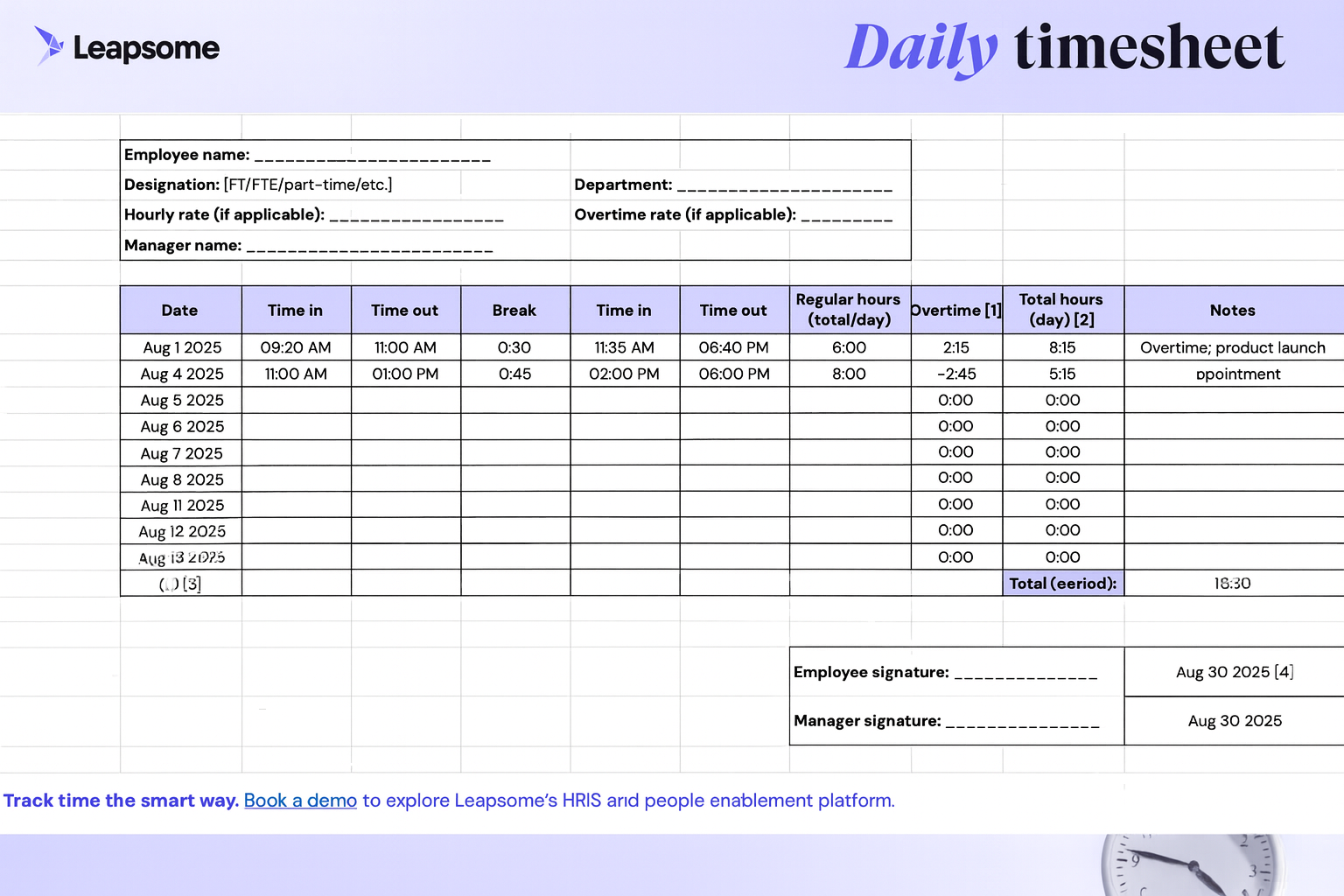 Screenshot of Leapsome’s daily timesheet template showing employee work hours, overtime calculations, and signature fields for employee and manager approval.