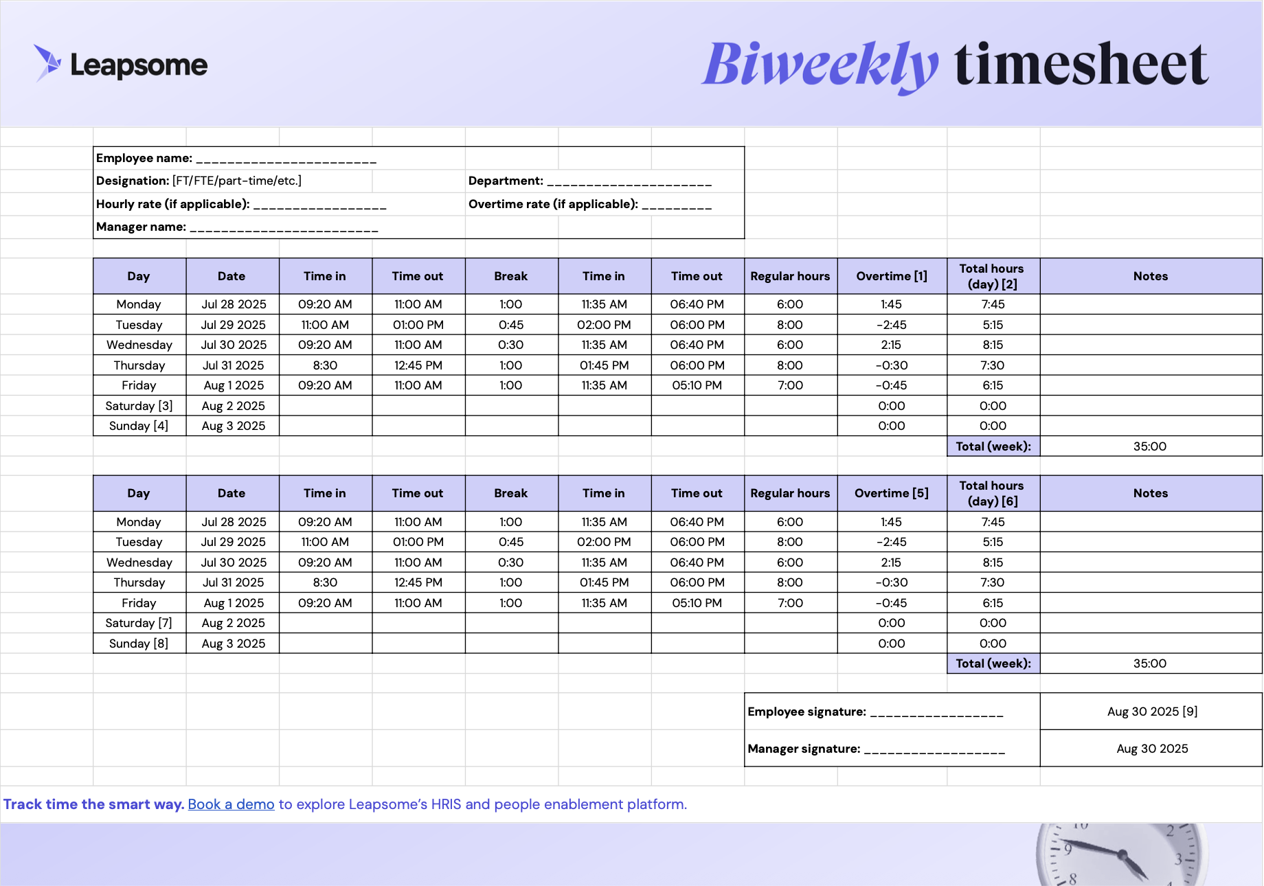 Screenshot of Leapsome’s biweekly timesheet template showing two weekly tables for recording employee work hours, overtime, total hours, and notes, with signature fields for employee and manager approval.