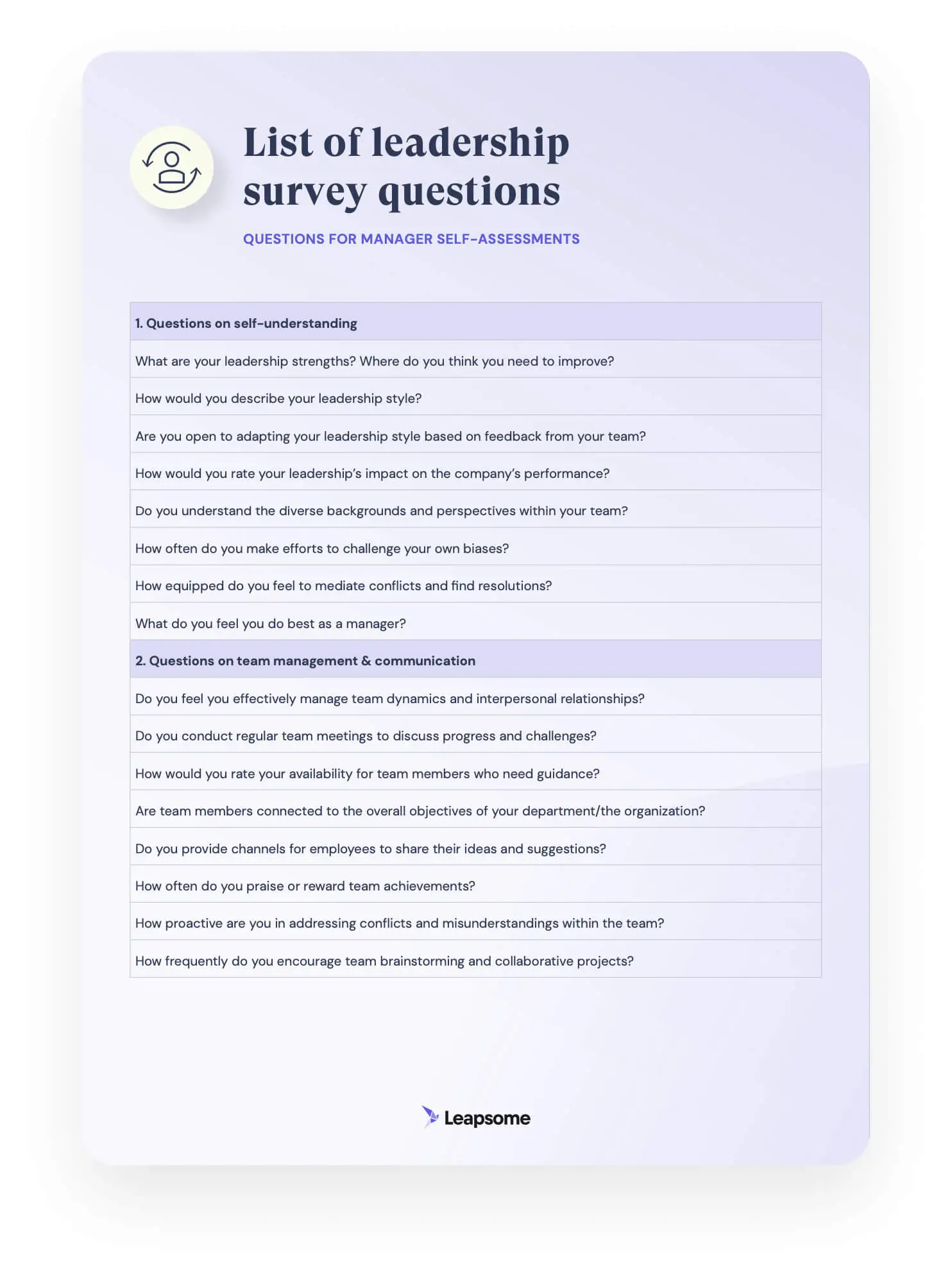 Screenshot of Leapsome’s list of leadership survey questions for manager self-assessments
