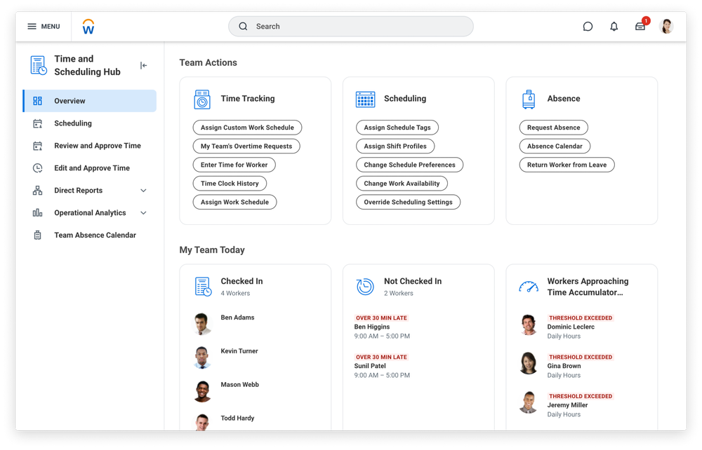 A screenshot of Workday's time and scheduling hub.
