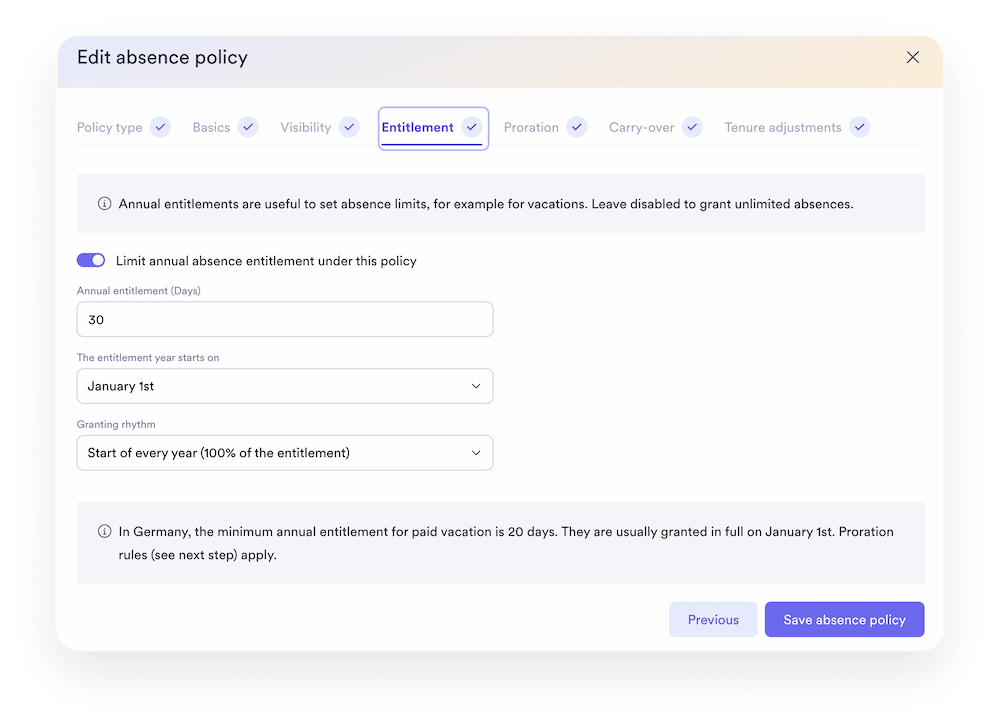 A screenshot of Leapsome's absence management function.