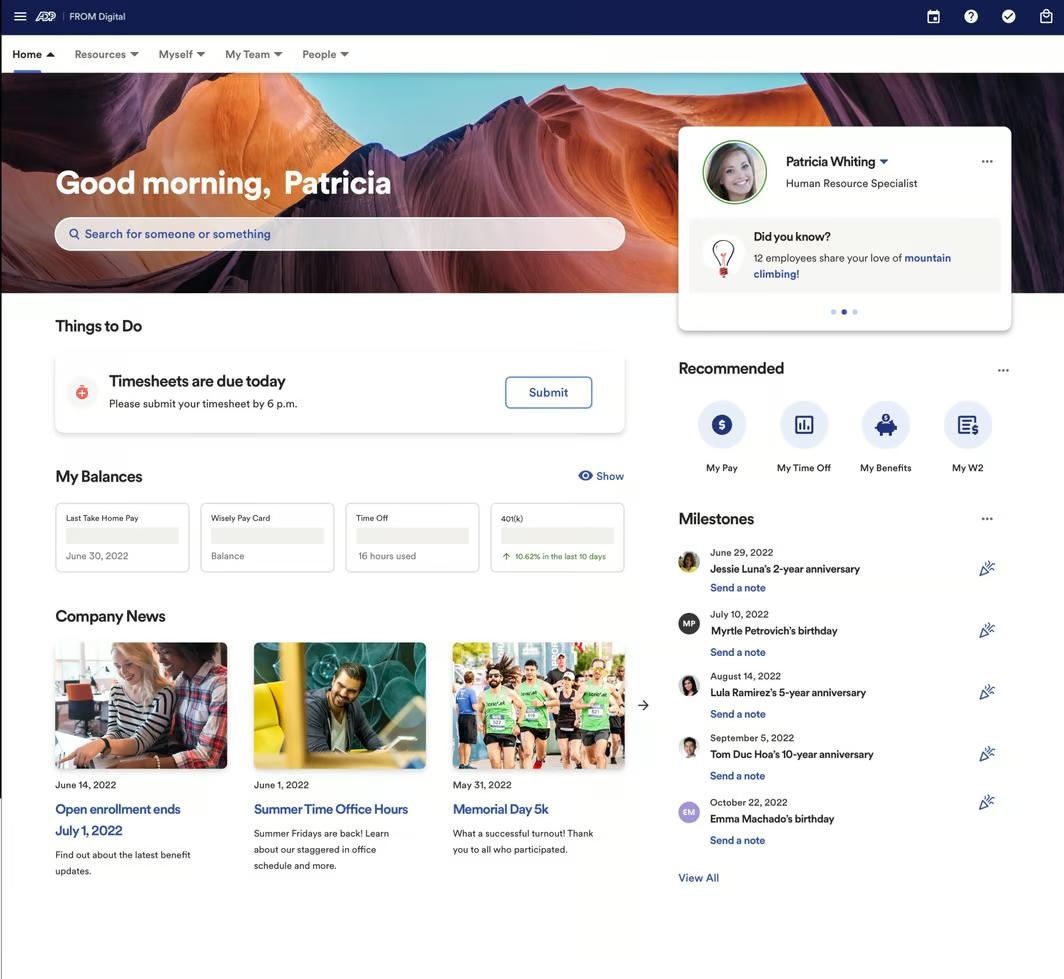 A screenshot of ADP Workforce Now's employee interface, including options for time off and timesheets.