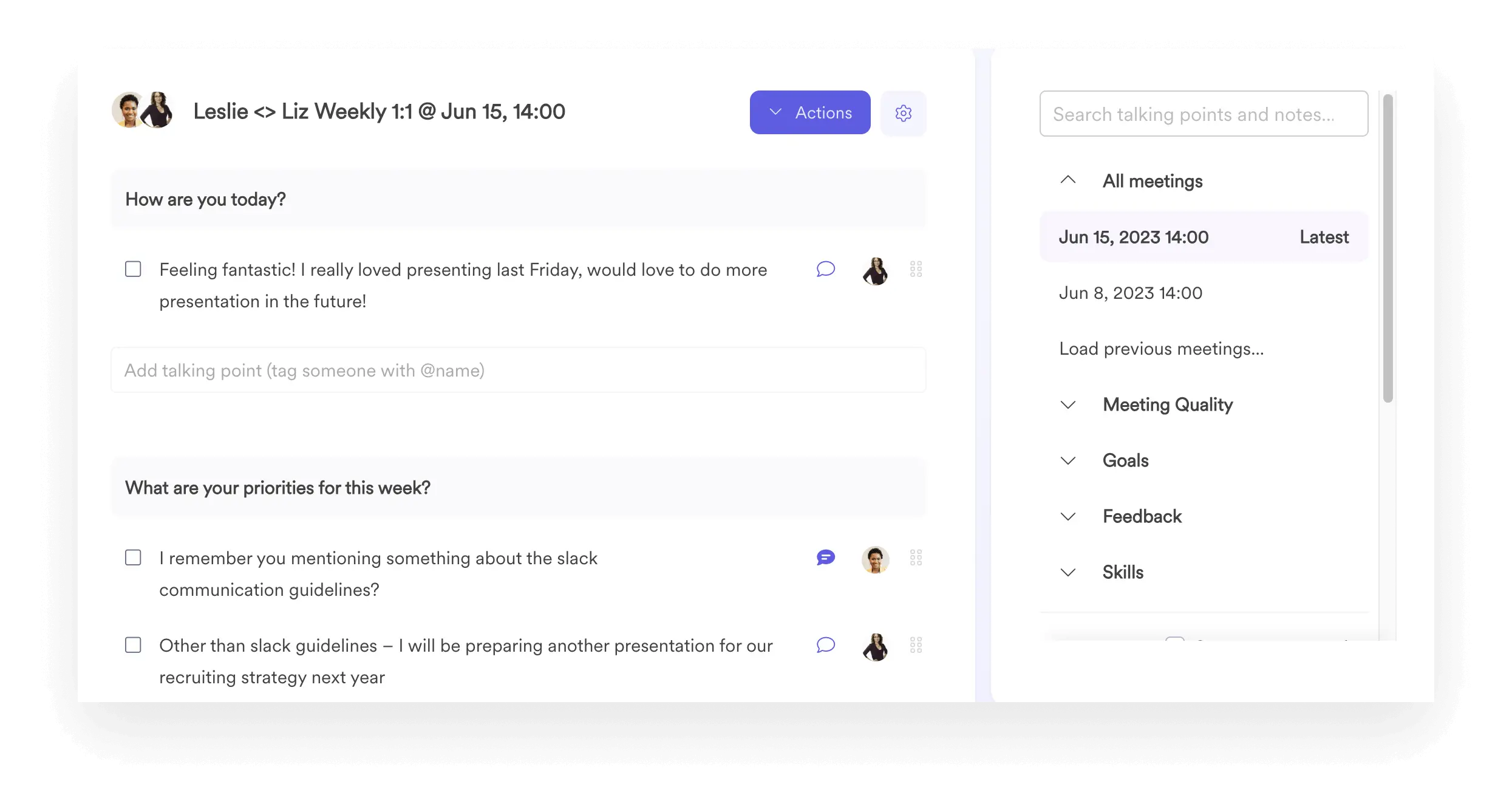 A screenshot of Leapsome’s Meetings module.