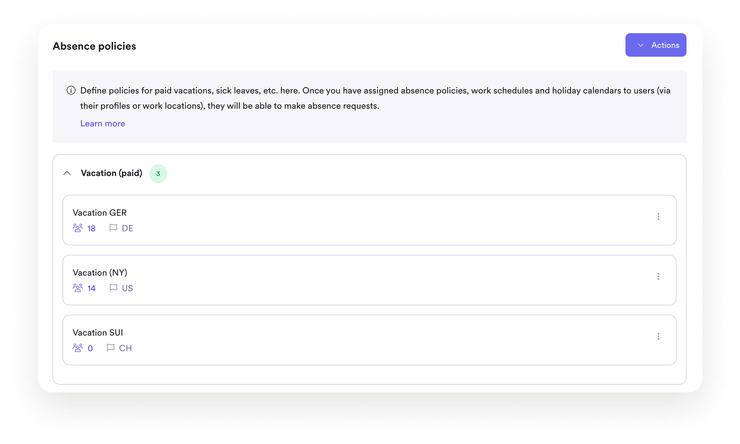 A screenshot showing how you can manage and edit absence. policies within Leapsome.