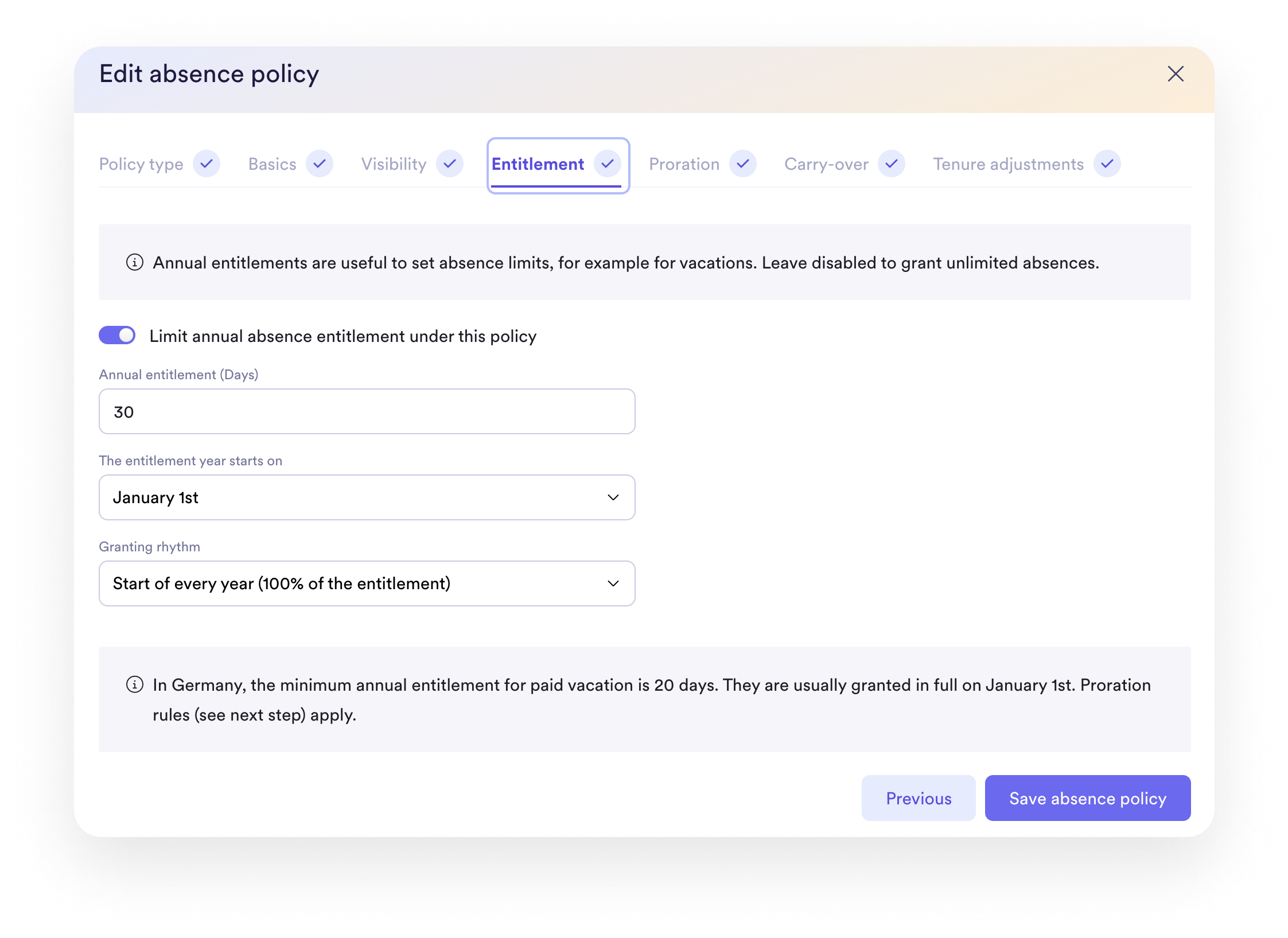 A screenshot showing how you can edit your absence policy within Leapsome's HRIS.