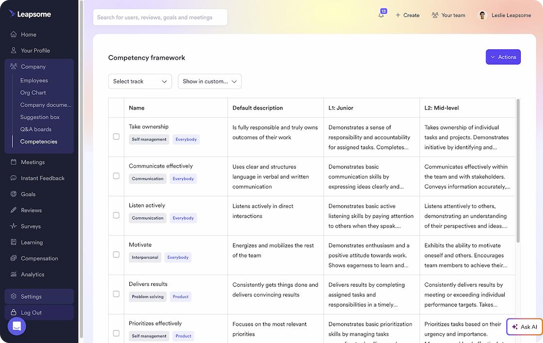 Leapsome's competency framework tools.