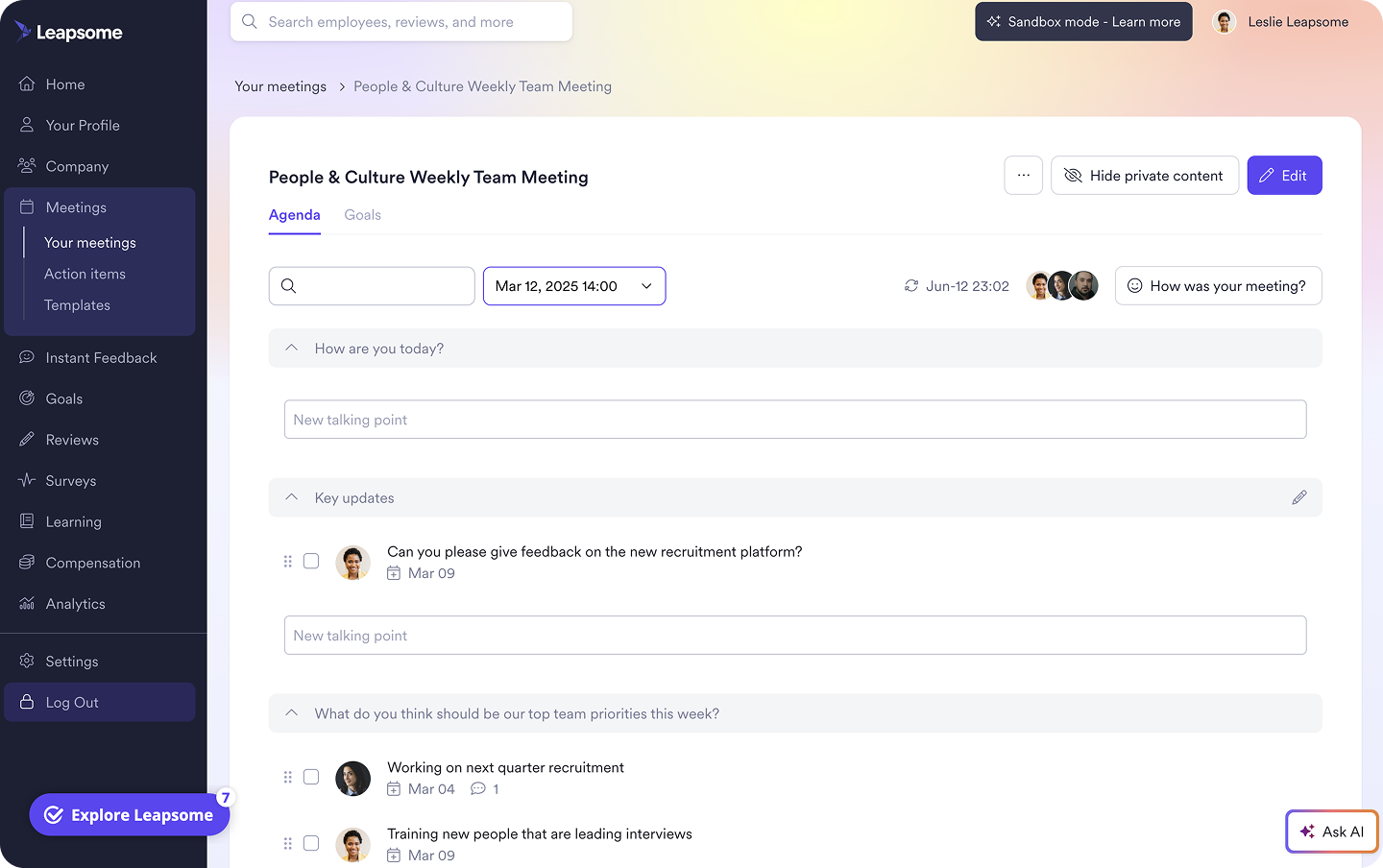 A screenshot of a meeting agenda within Leapsome Meetings.