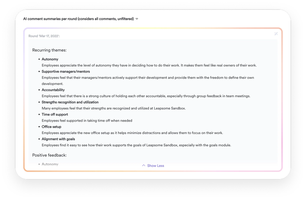 A screenshot of an interface from Leapsome Surveys showing AI content summaries.