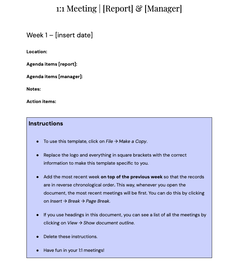 A screenshot of Leapsome's 1:1 meeting template.