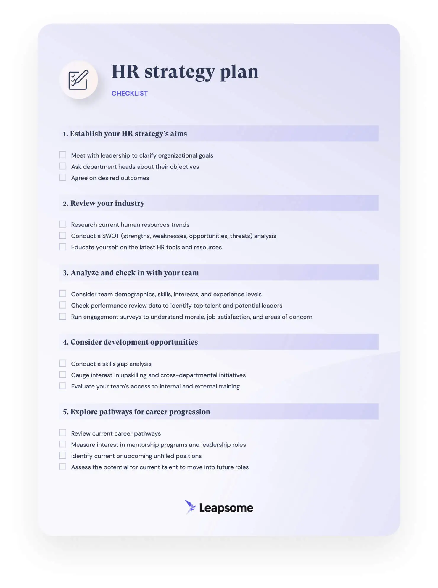 Screenshot of the first page of Leapsome’s HR strategy plan template