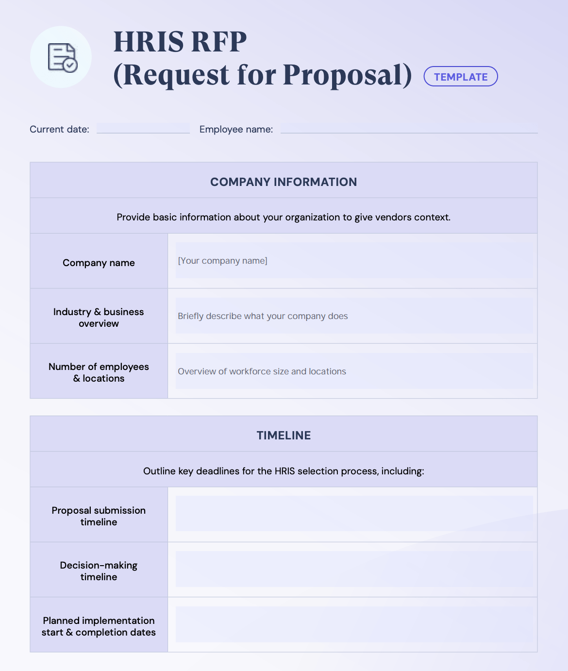Screenshot of the first page of the Leapsome HRIS RFP template 