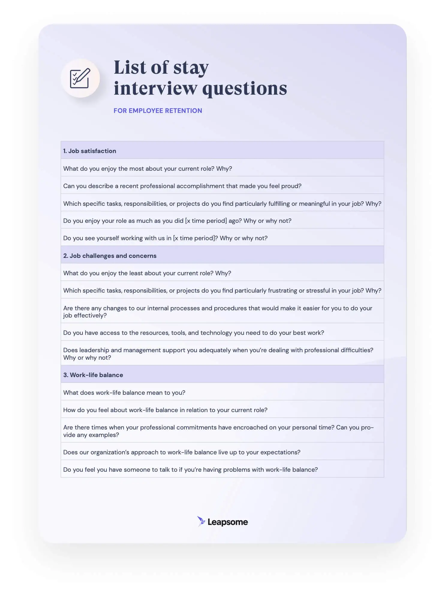 A screenshot of page one of Leapsome’s list of stay interview questions.