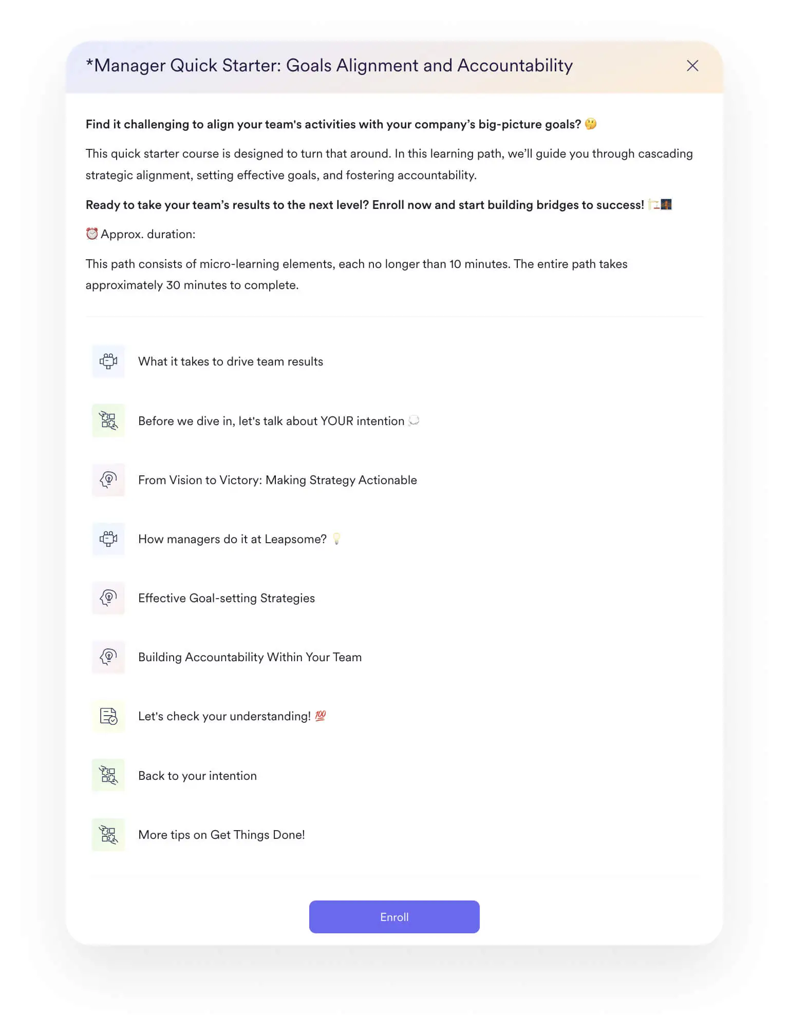A screenshot showing how easy it is to enroll in one of the Leapsome Academy courses.