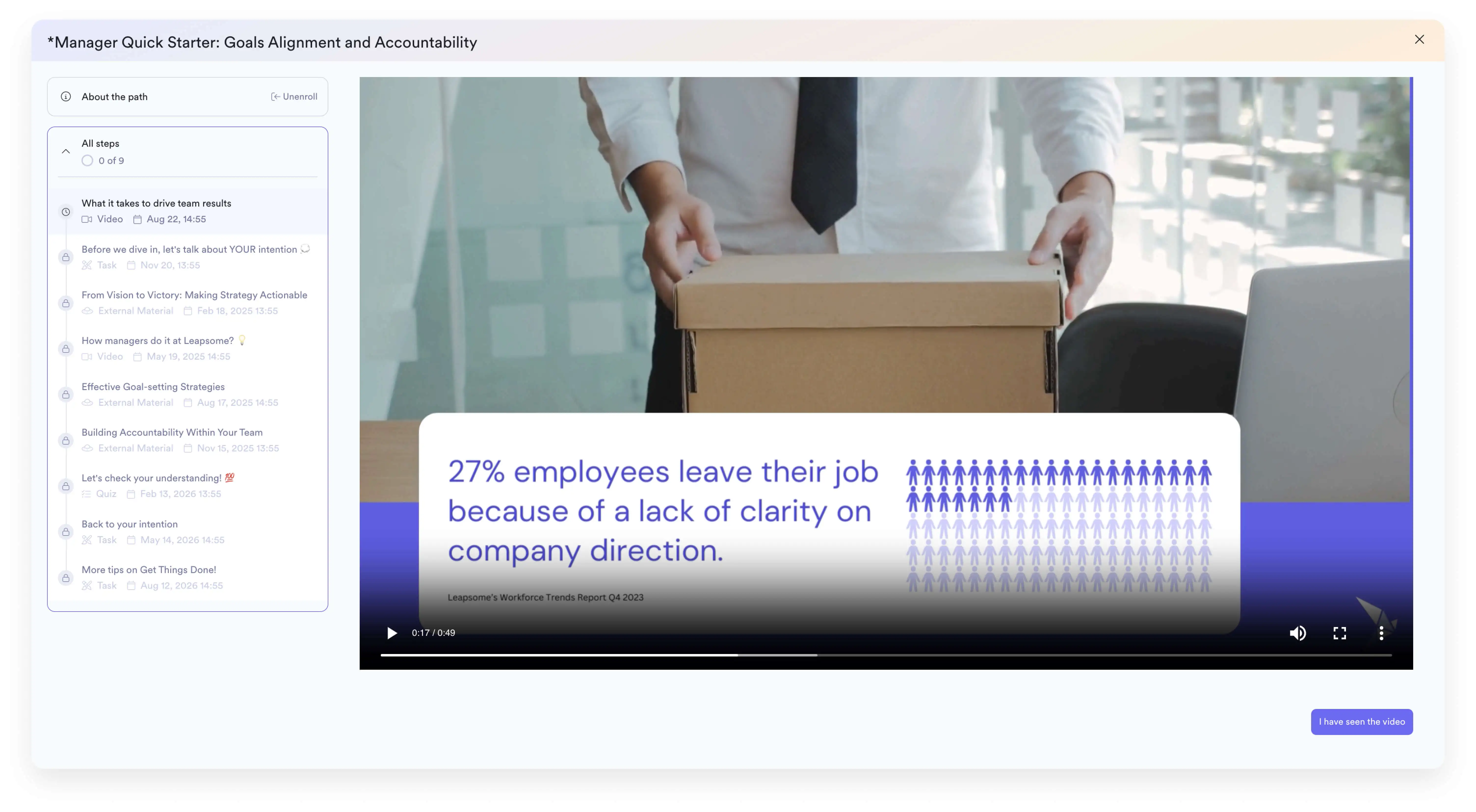 A screenshot showing a video segment from one of the Leapsome Academy courses.