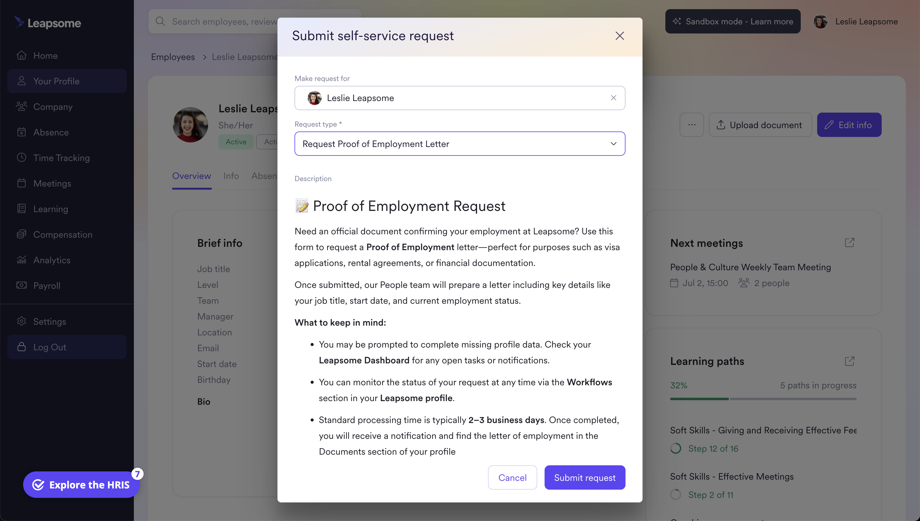 Screenshot from the Leapsome platform showing the self-service request form to ask for a Proof of Employment letter, with information about what it includes and how long processing takes.