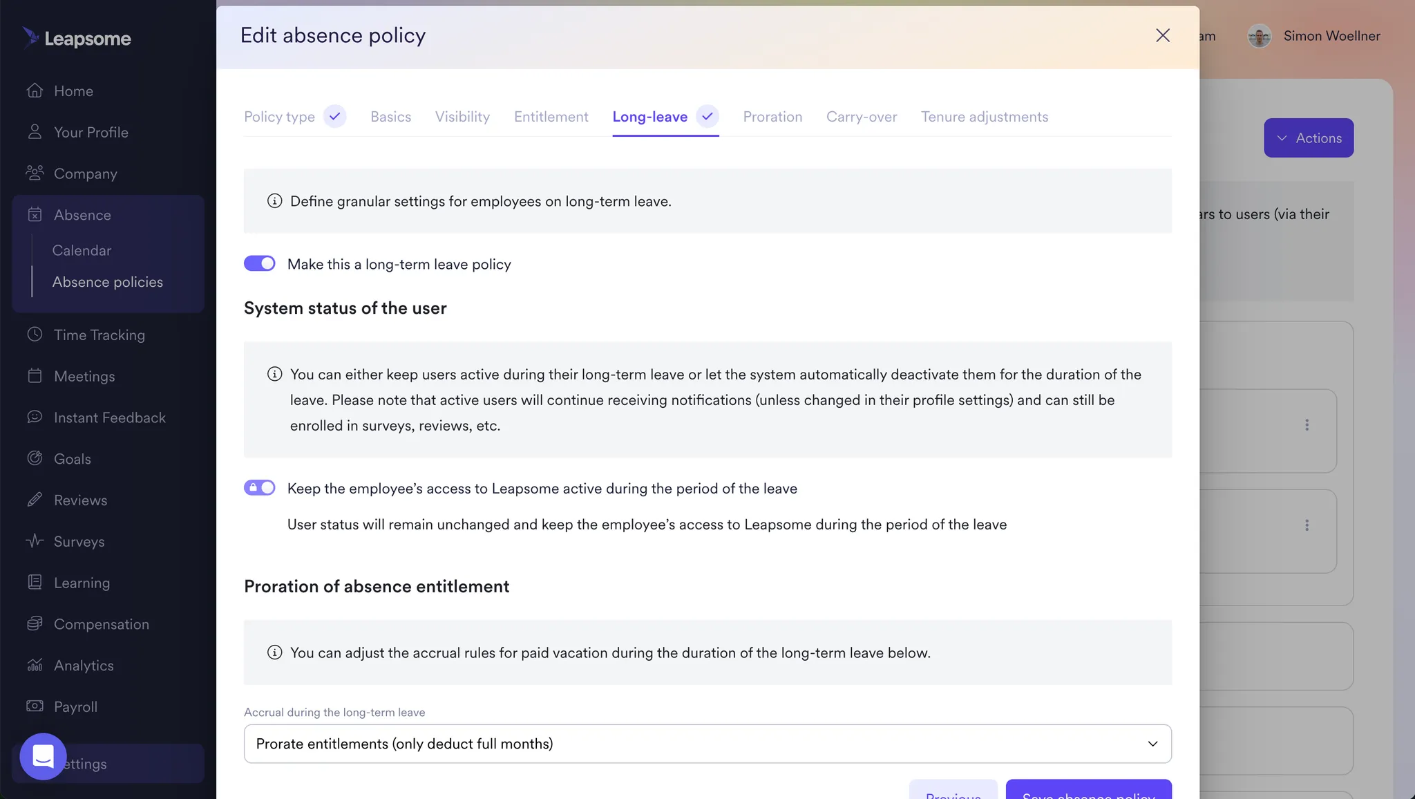 Screenshot from the Leapsome platform showing the ‘Edit absence policy’ screen with long-term leave settings, including options to keep user access active during leave and proration rules for vacation entitlement.