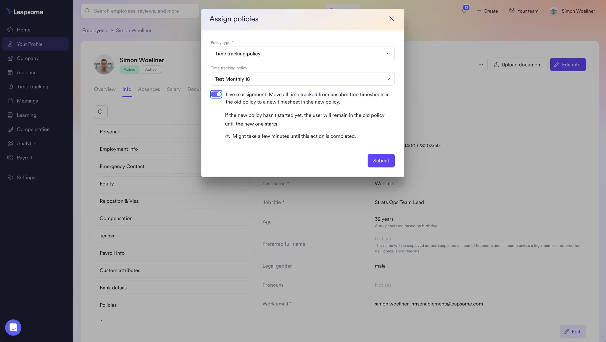 Screenshot from the Leapsome platform showing the ‘Assign policies’ window for a user, with a selected time tracking policy and an option enabled for live reassignment of timesheets.