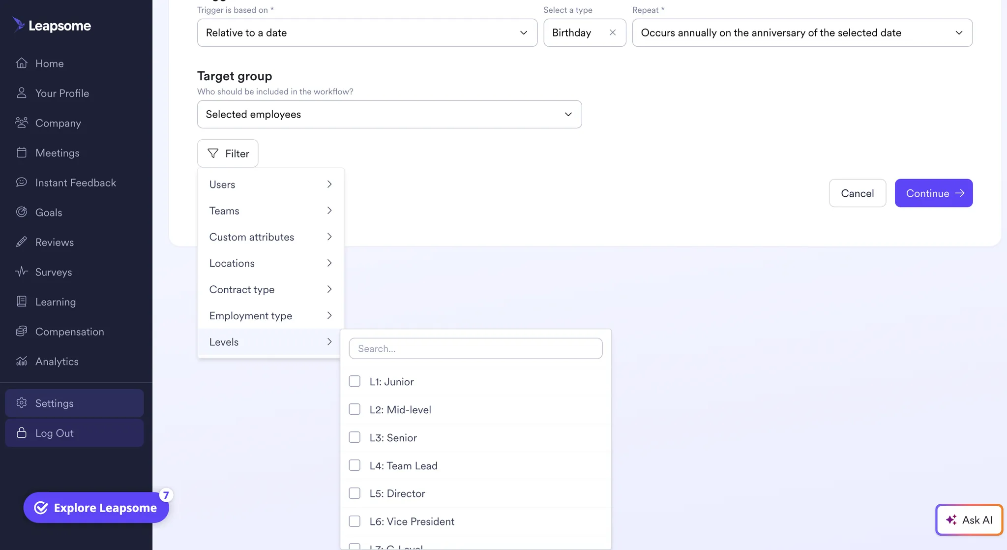 Screenshot from the Leapsome platform showing workflow setup filters, with a birthday-based trigger and a dropdown menu to select employee levels from L1: Junior to L7: C-Level.