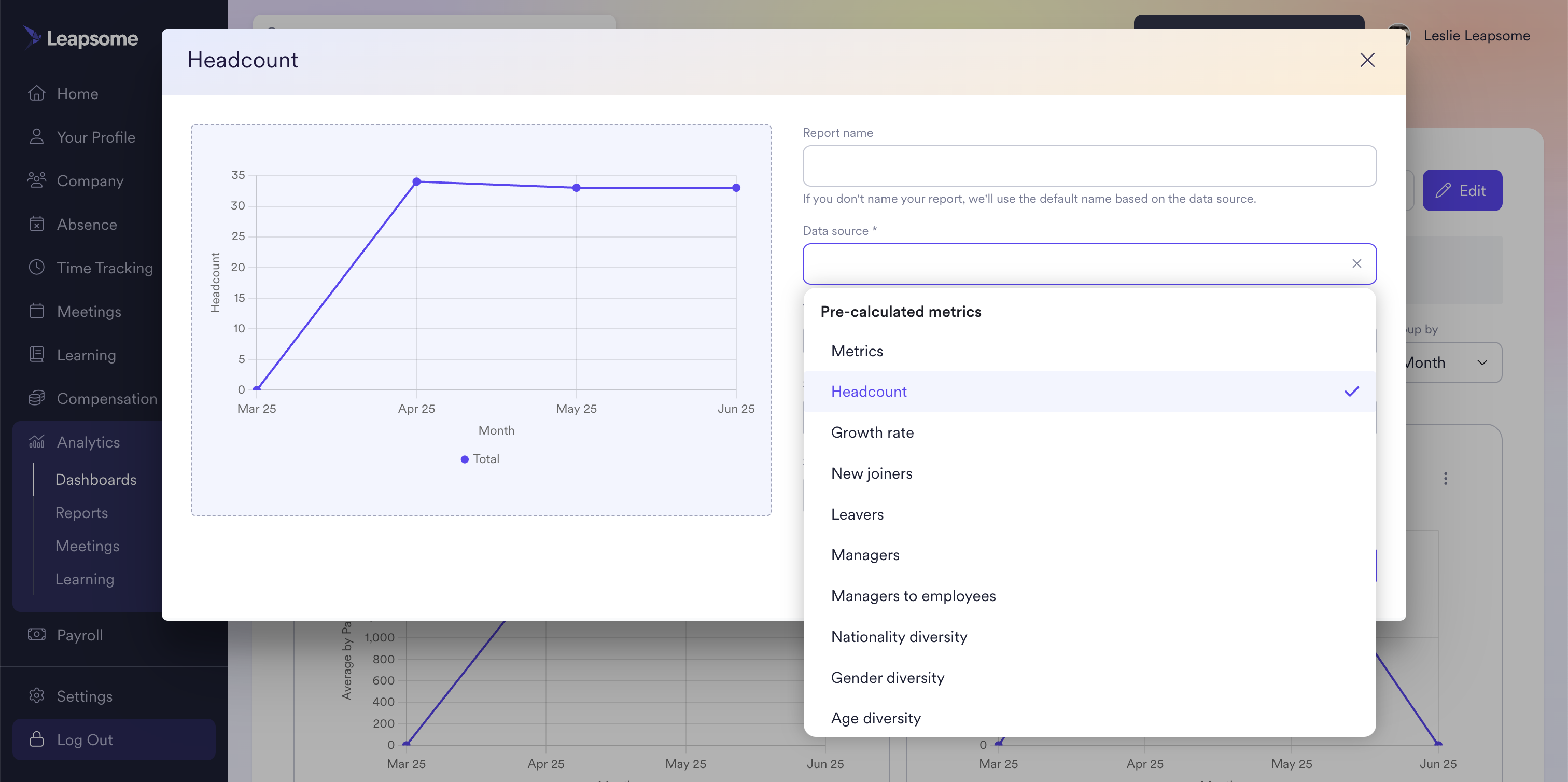 Screenshot from the Leapsome platform showing a headcount report being created, with a line chart displaying total employee count over time and a dropdown menu listing pre-calculated metrics such as growth rate, new joiners, and diversity indicators.