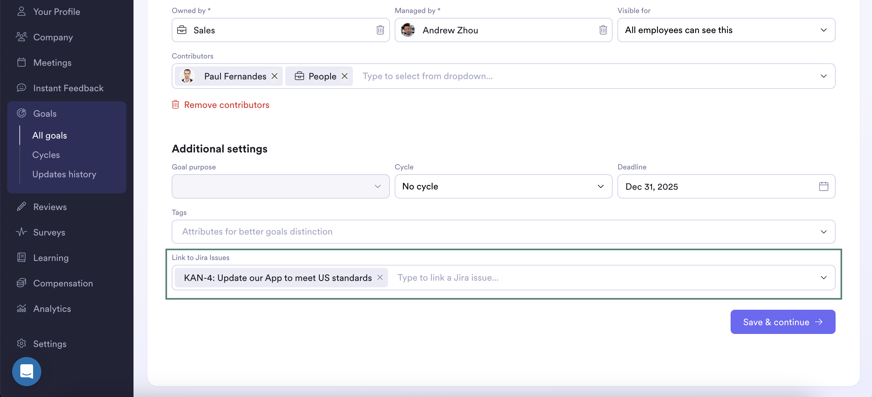 A screenshot of a Leapsome Goal with a Jira Issue linked to it.