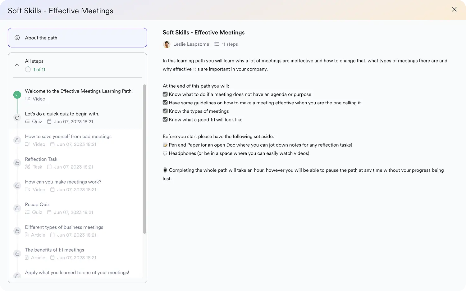 Screenshot of a soft skills learning path to effective meetings from Leapsome
