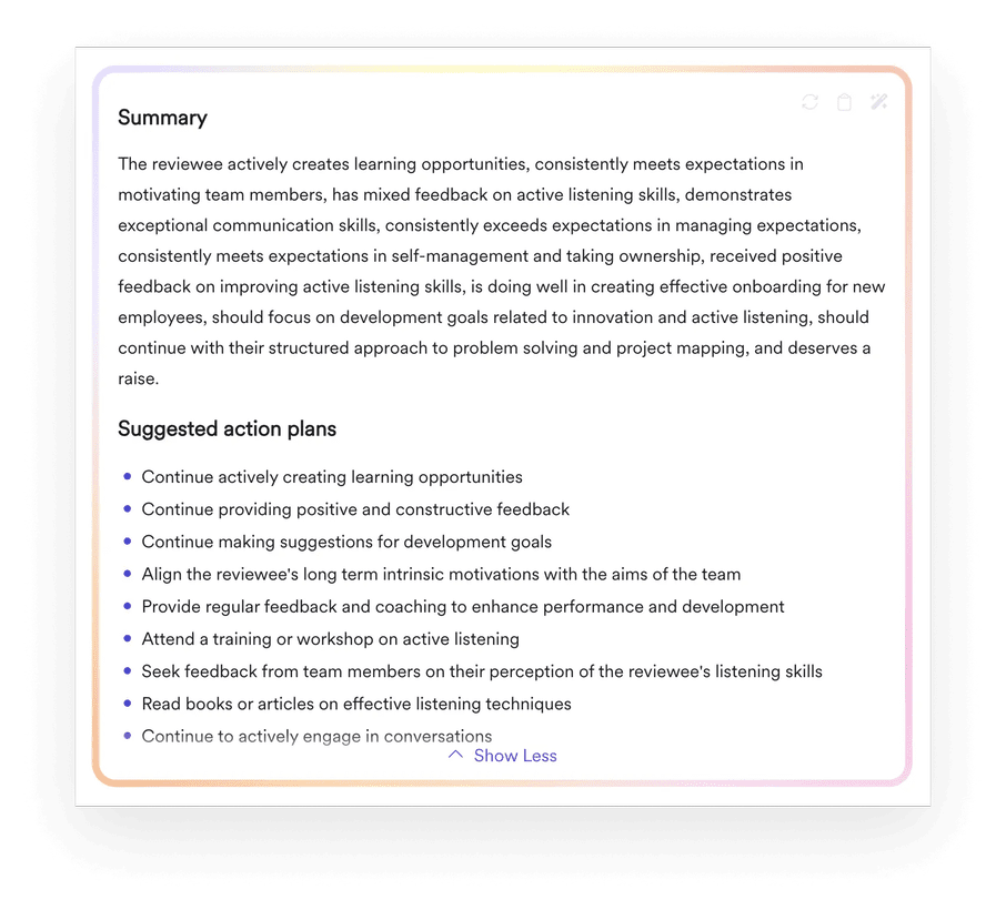 A screenshot of a Leapsome AI-generated review summary.