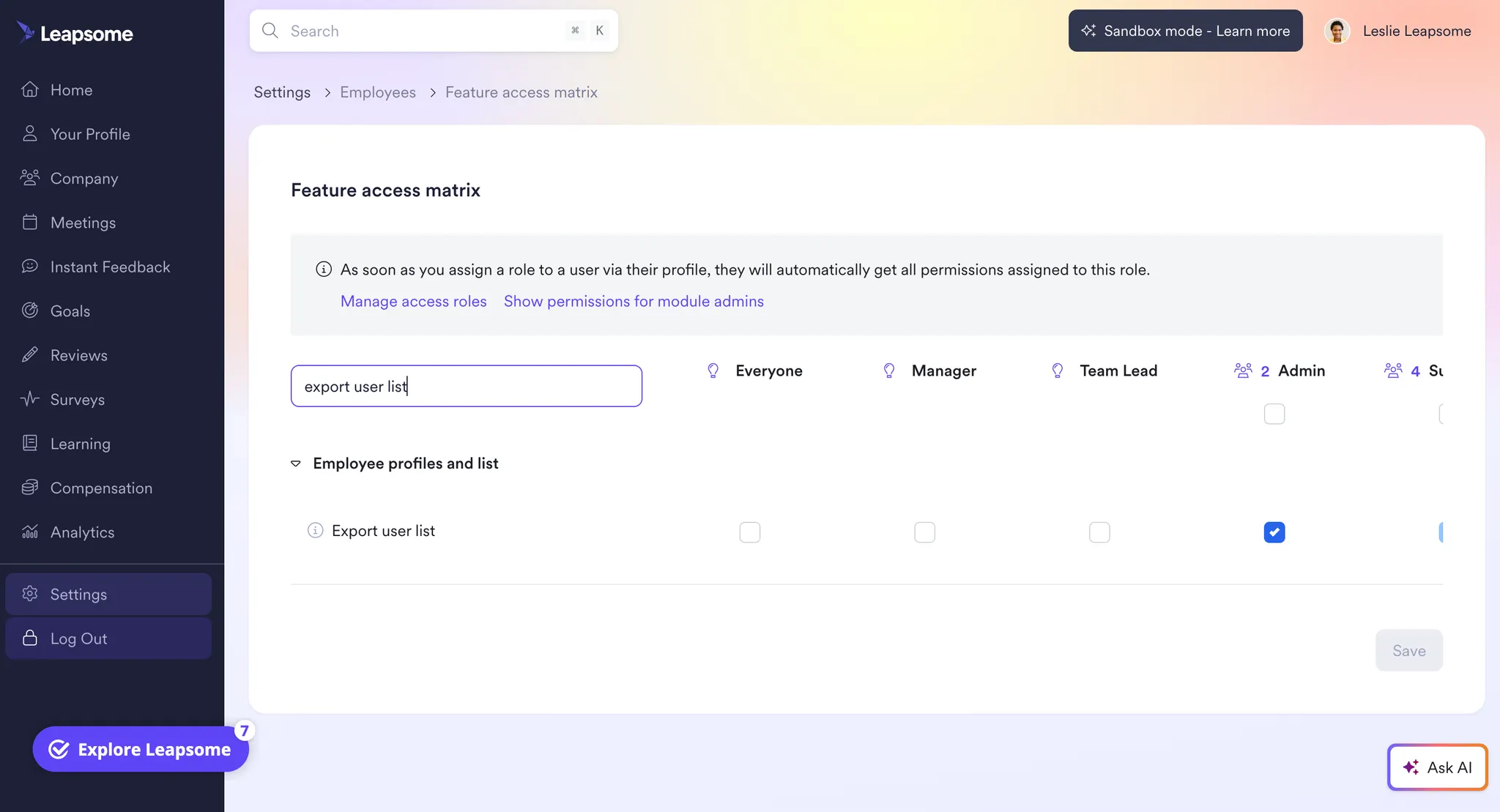 Screenshot of Leapsome’s settings page showing the Feature access matrix, with permissions for exporting the user list assigned to different roles like Admin, Manager, and Team Lead.