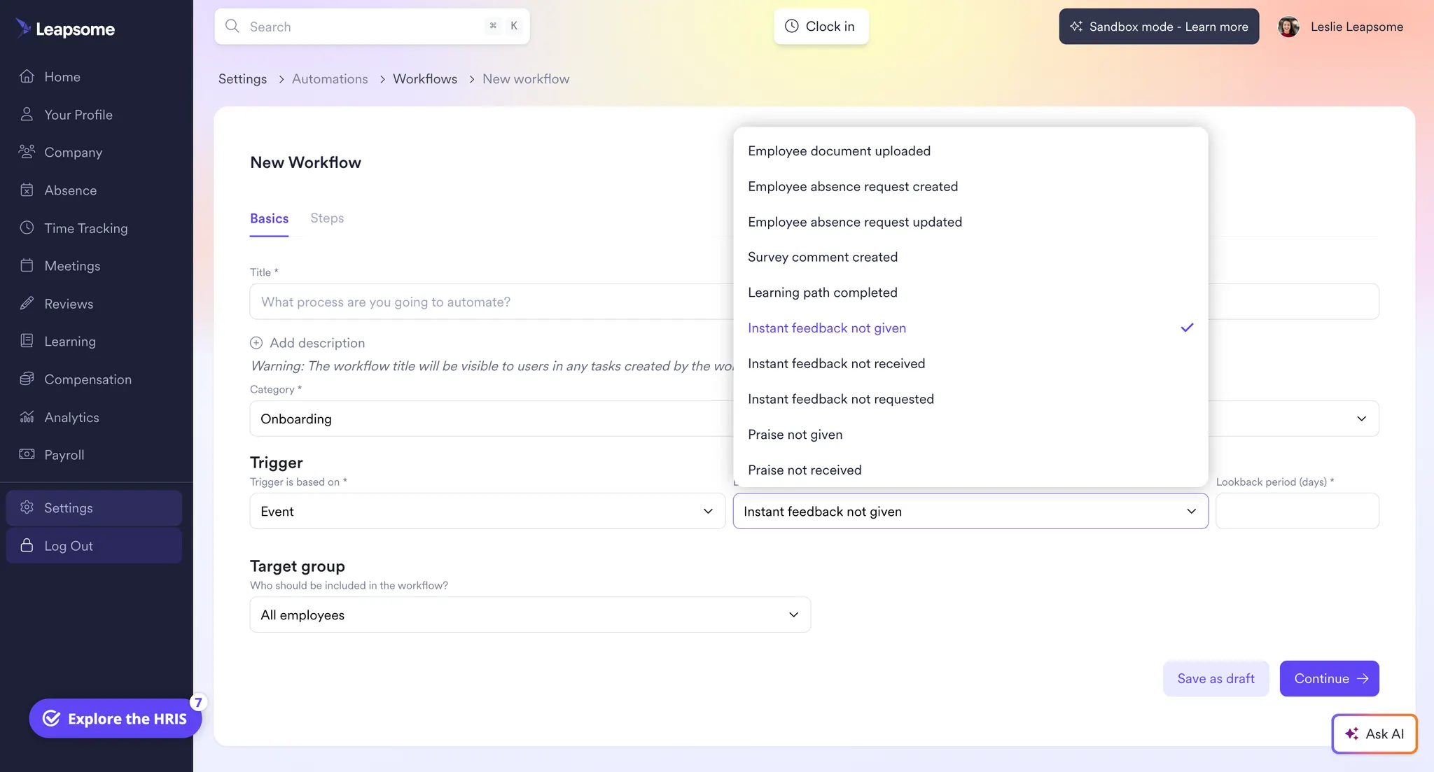 Screenshot of Leapsome’s automation settings showing a new workflow setup with “Instant feedback not given” selected as the trigger under the onboarding category.
